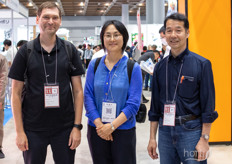 Dariusz Zmuda and Osumi Yuichi of HarvestX pictured with Eri Hayashi of the JPFA. HarvestX is working on picking robots for greenhouse operators. 