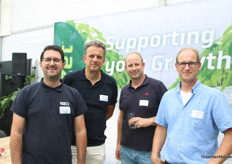 Leander Kolen, Dirk Prins and Marcel Beekenkamp of Priva with Ary de Jong of HortiTech. He tests Priva innovations such as Priva One in PROOF's greenhouse.